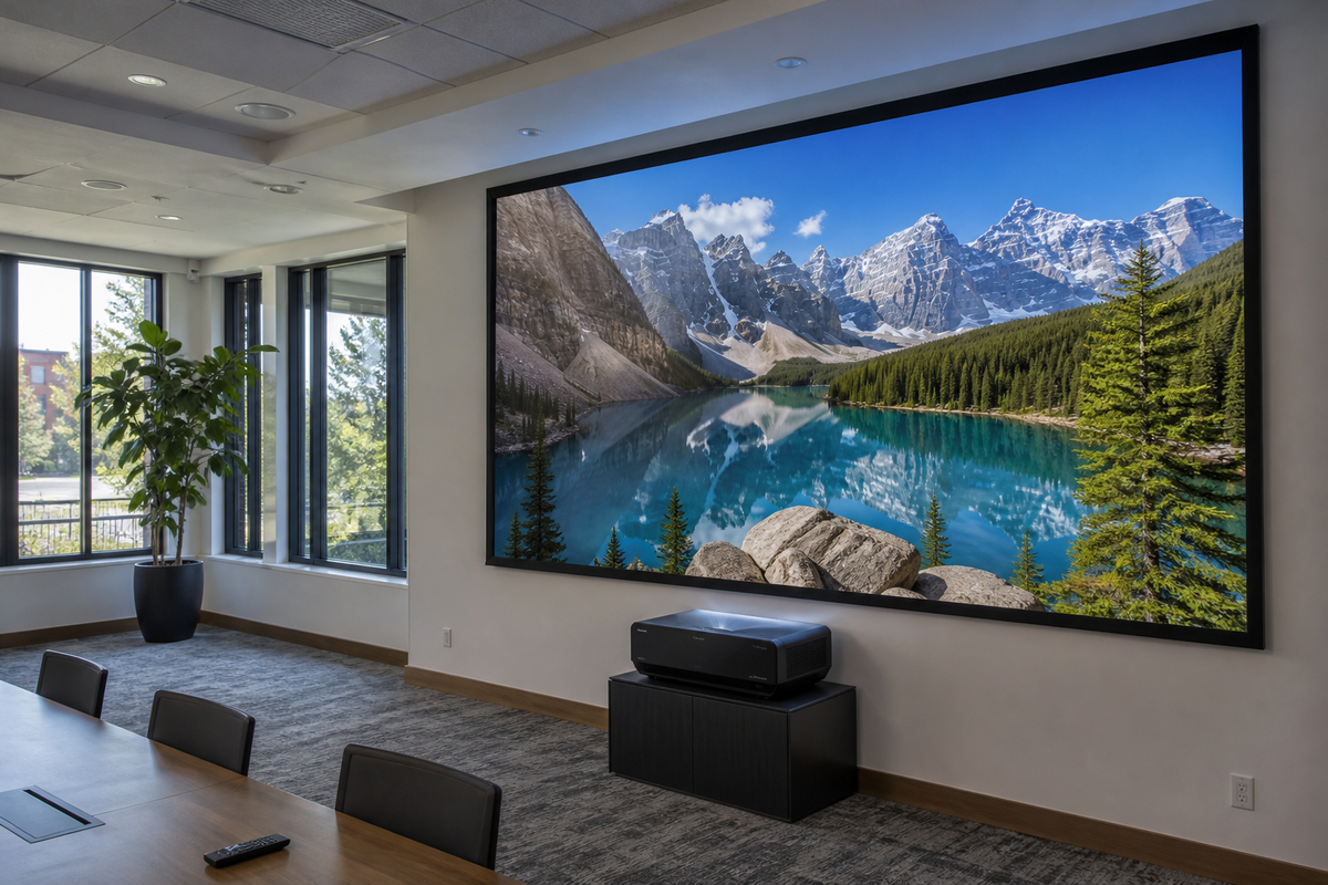 Short throw laser projector displaying a large bright image on a screen in a well-lit room.