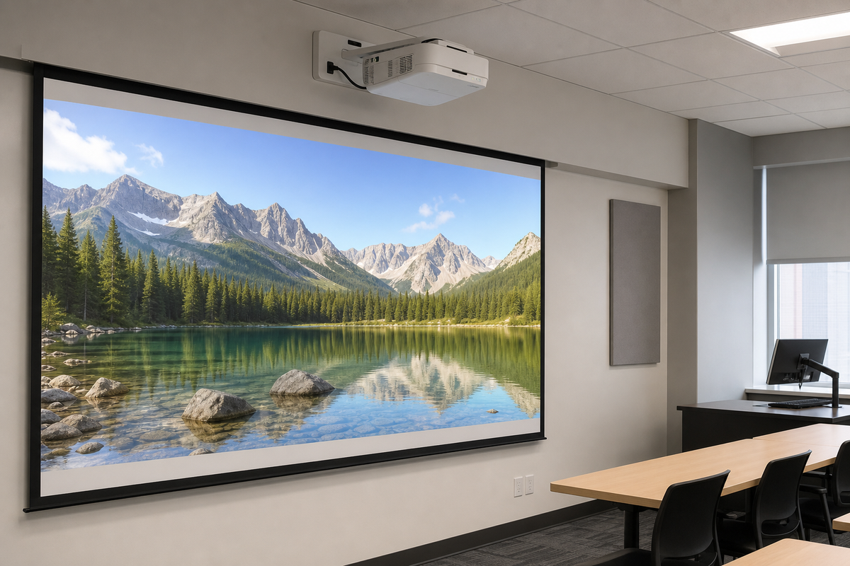 A short throw laser projector mounted close to a large screen in a modern classroom or conference room.