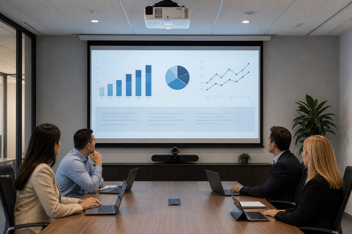 Modern conference room with a ceiling-mounted laser projector displaying a presentation on a wall screen during a hybrid meeting