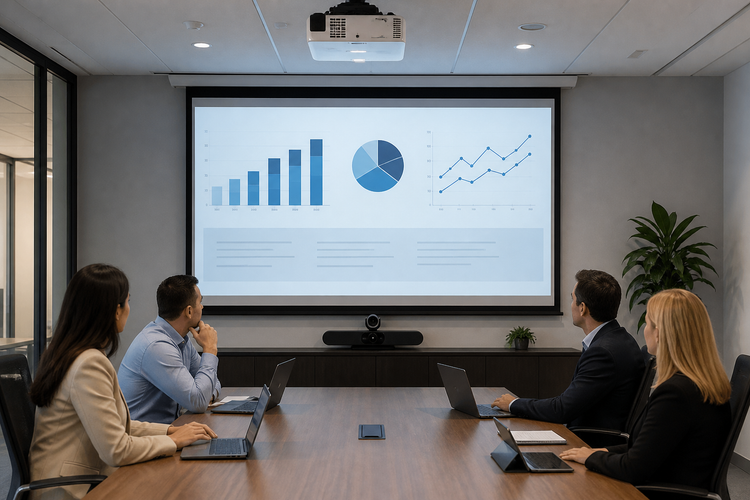 Modern conference room with a ceiling-mounted laser projector displaying a presentation on a wall screen during a hybrid meeting