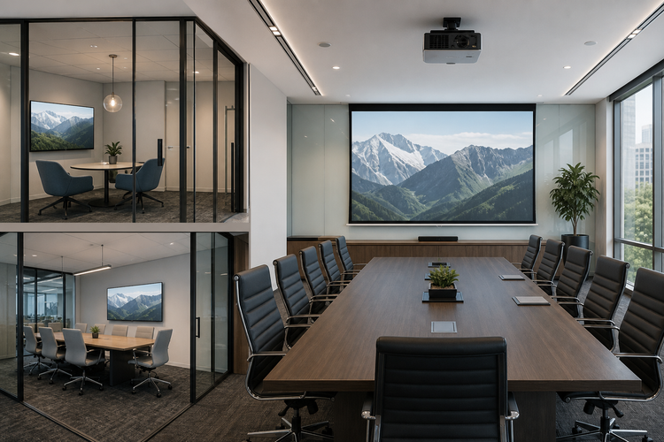 Conference room projector displaying a presentation in a modern office meeting space