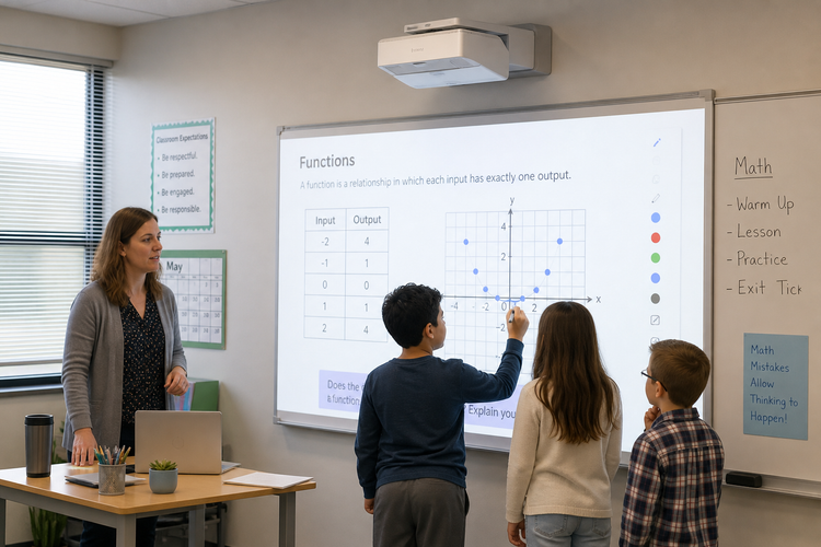 Teacher using an ultra short throw interactive projector on a classroom whiteboard while students collaborate at the front of the room