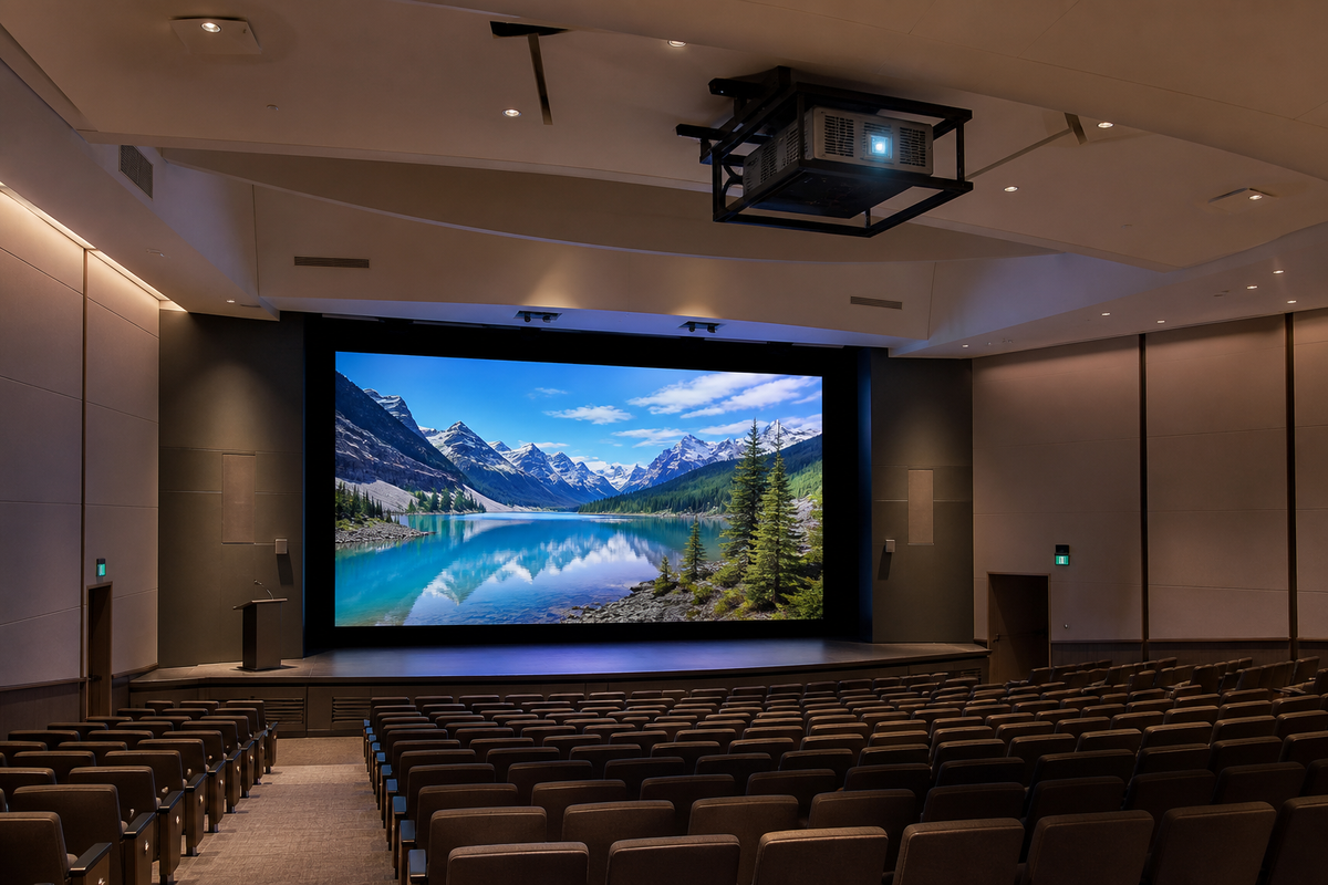 Large auditorium with a bright projected image on a wide screen and a ceiling-mounted laser projector