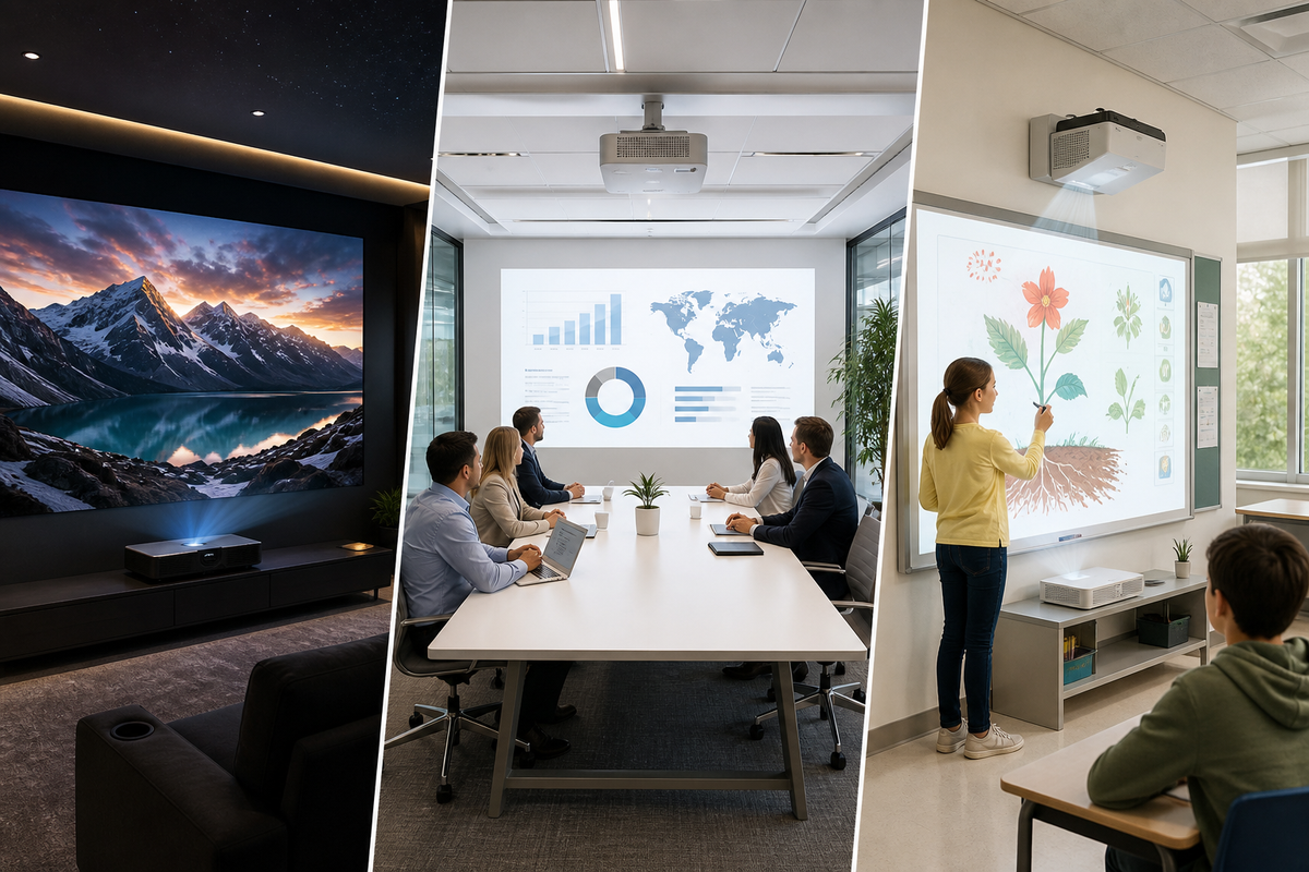 Three laser projector setups for home theater, business presentation, and classroom use.