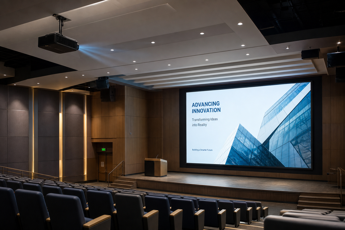 Ceiling-mounted long throw projector displaying an image on a large screen in an auditorium