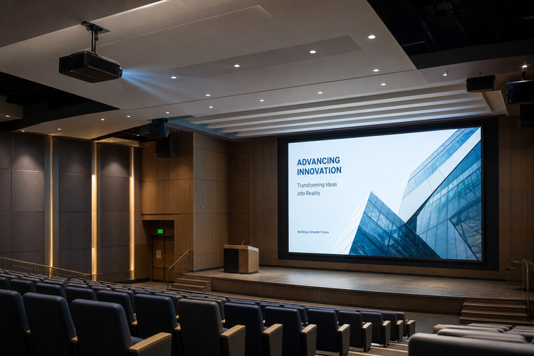 Ceiling-mounted long throw projector displaying an image on a large screen in an auditorium