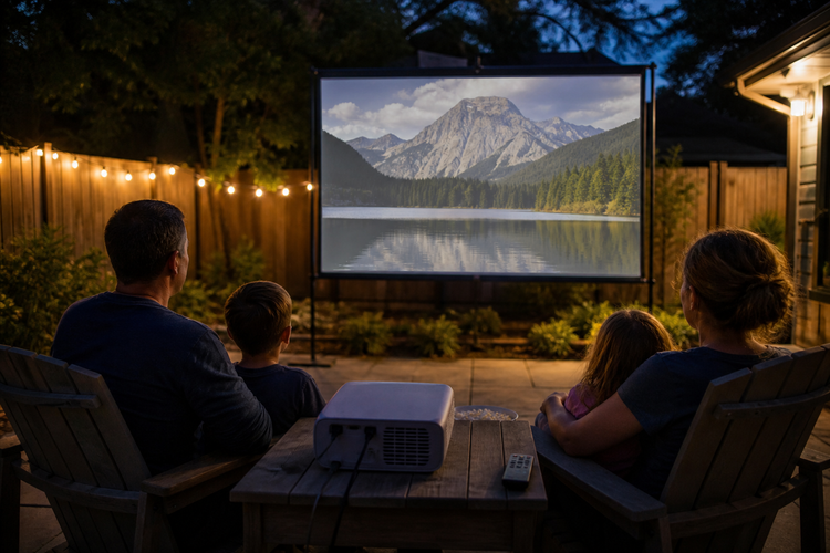 Projector displaying a movie on a large outdoor screen in a backyard at dusk
