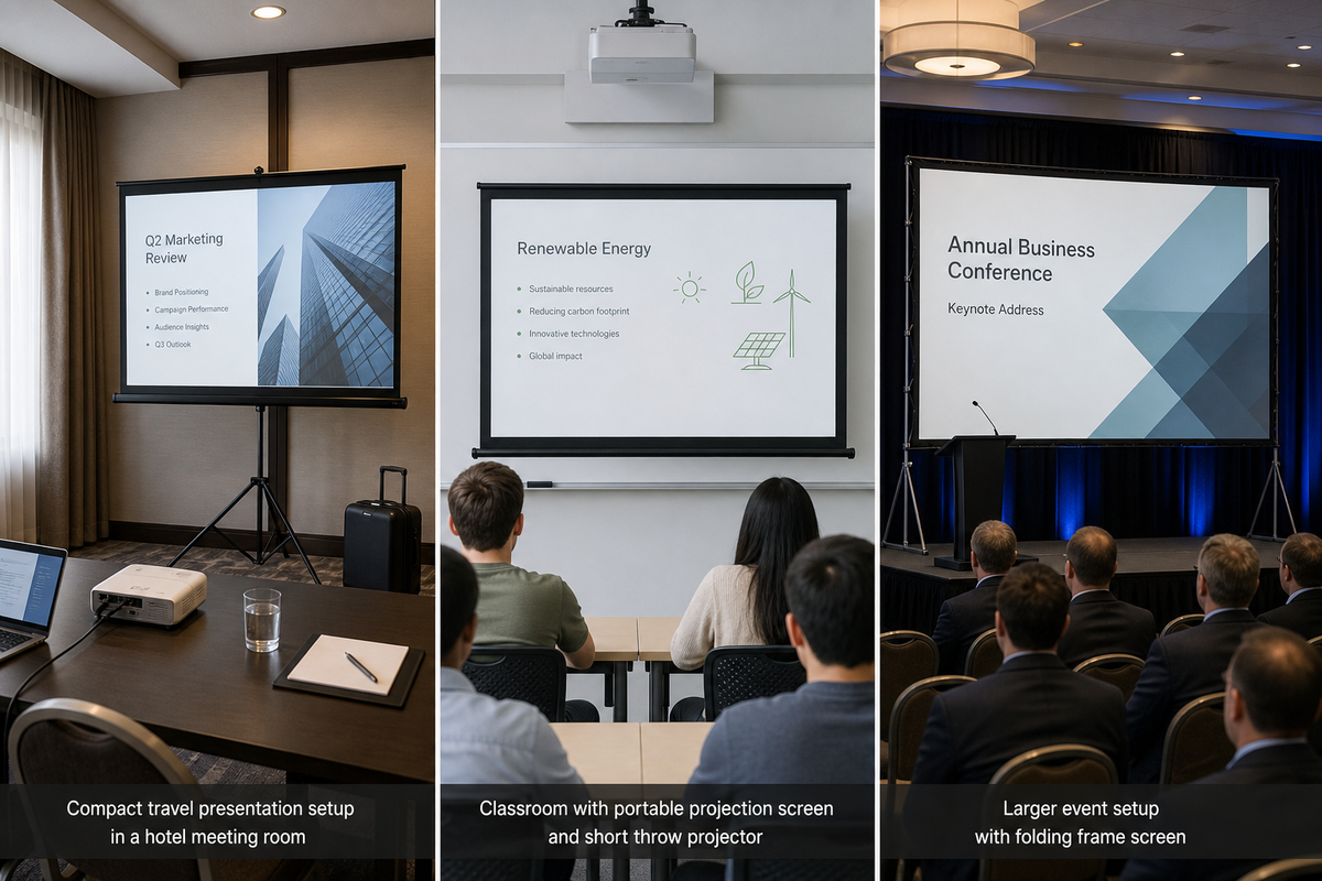 Three portable projector screen setups for travel, classroom, and event use.