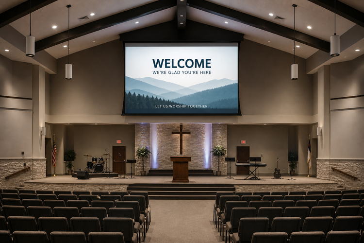 Large projector screen installed above the stage in a church sanctuary