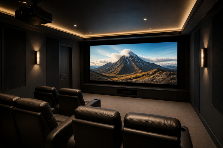 Home theater room with a large fixed-frame projector screen and ceiling-mounted projector