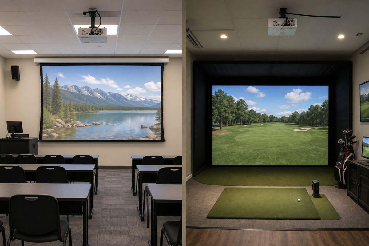 A classroom short throw projector screen beside a fixed frame simulator screen in a dedicated indoor room