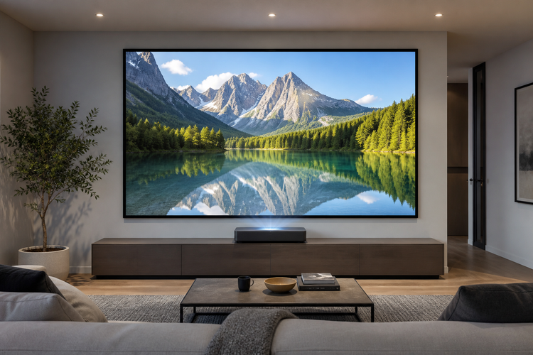 Ultra short throw projector on a media console projecting a large image onto a wall-mounted screen in a living room.
