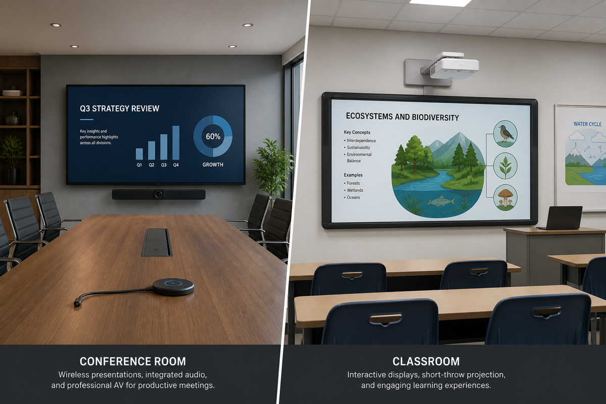 Conference room and classroom with wireless presentation systems and large displays