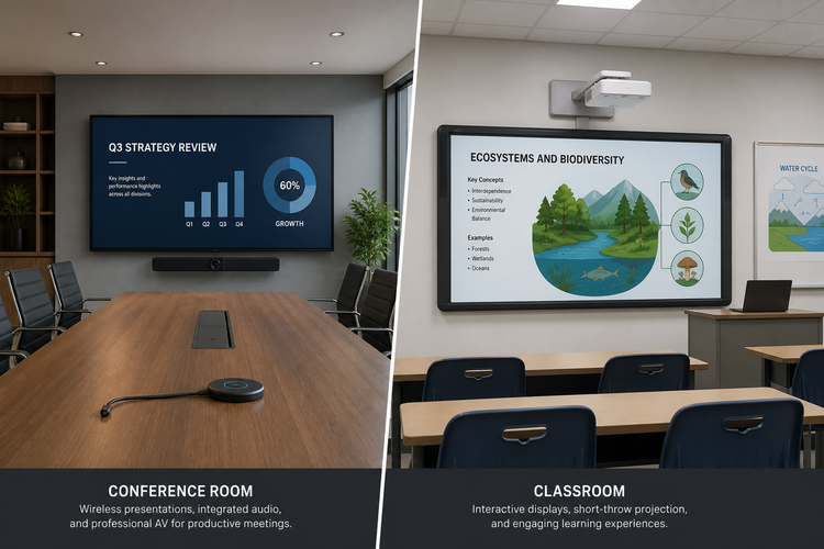 Conference room and classroom with wireless presentation systems and large displays