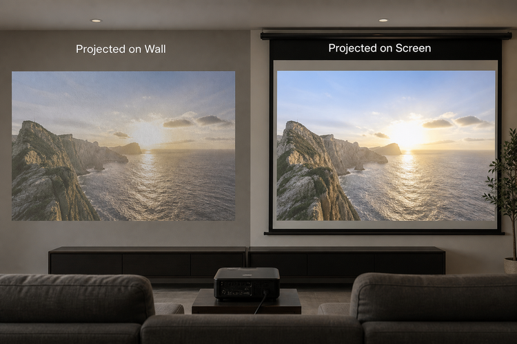Projector image on a white wall next to projector image on a dedicated screen