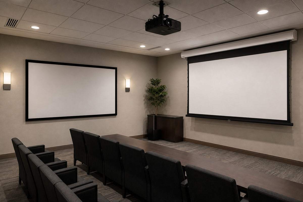 Fixed frame projector screen on a wall next to a motorized projector screen lowered from a ceiling housing.