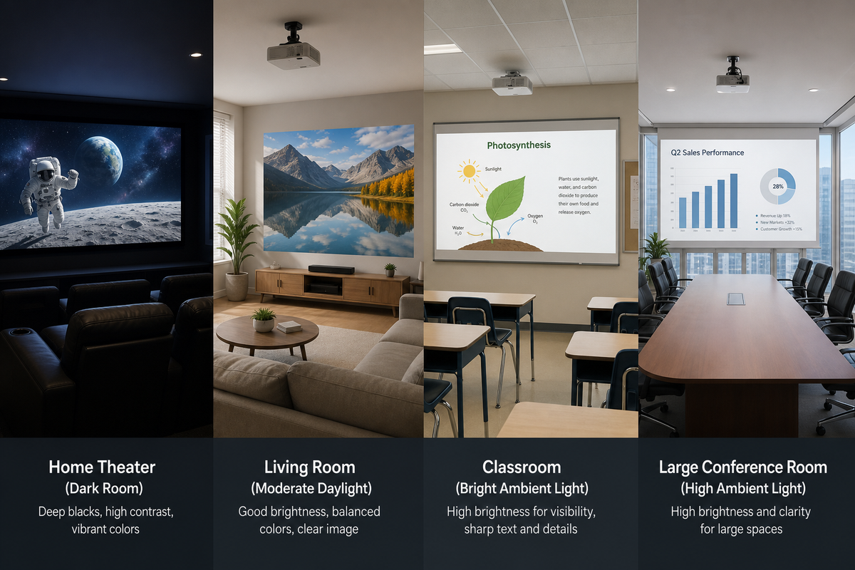 Comparison of projector images in a dark home theater, living room, classroom, and conference room with different ambient light levels.