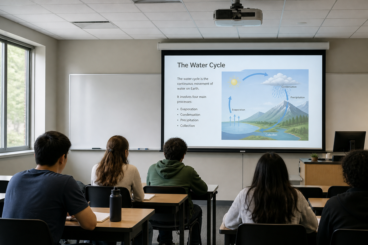 Ceiling-mounted classroom projector displaying a lesson on a pull-down projection screen in a modern classroom