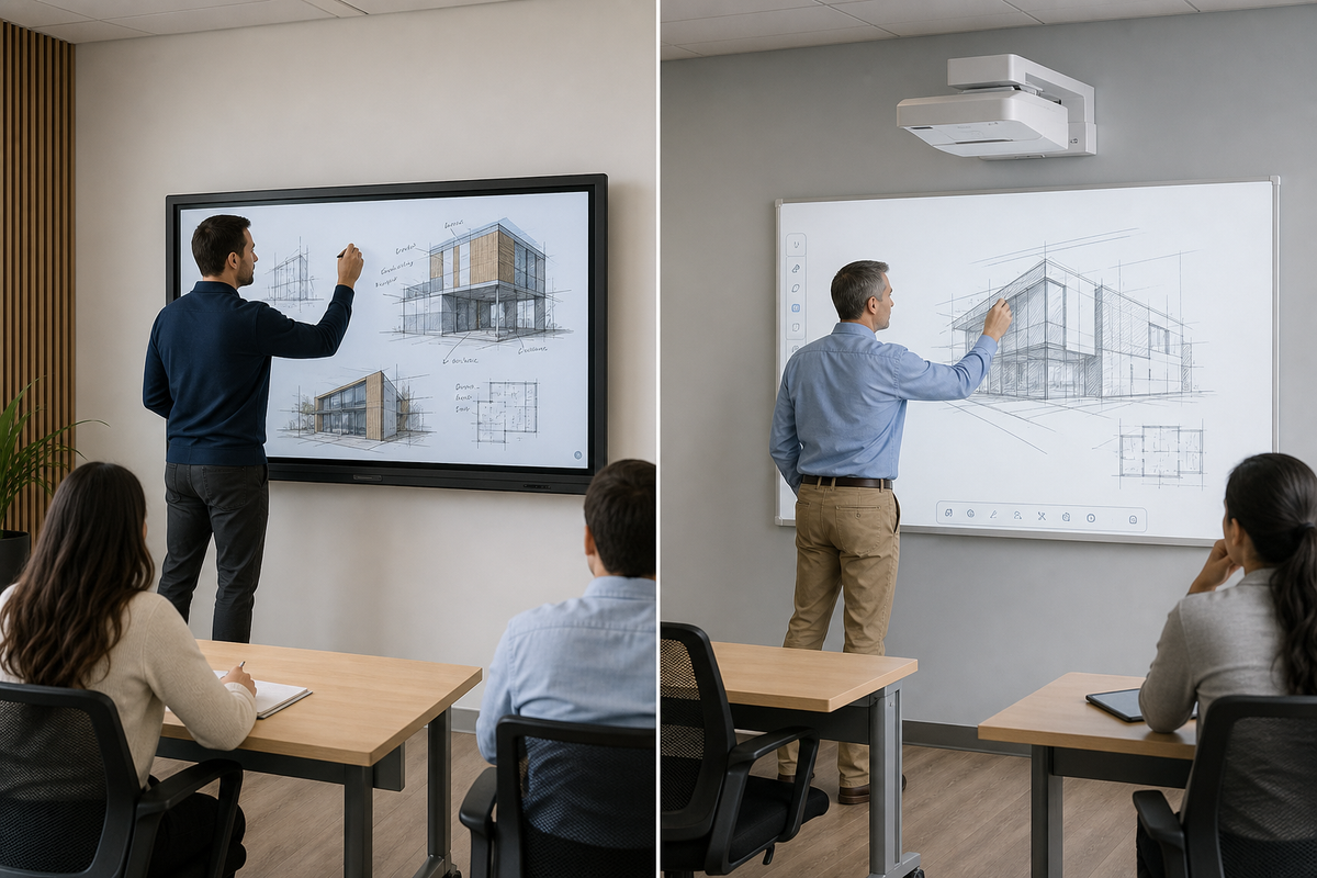 Side-by-side view of an interactive display and an interactive projector setup in a classroom meeting space.