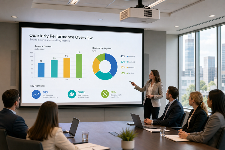 Conference room projector displaying a bright image on a large screen in a room with ambient light from windows.