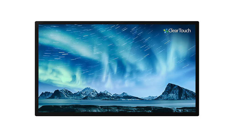65-inch Clear Touch touchscreen display featuring a vibrant landscape with northern lights, framed in a black bezel.