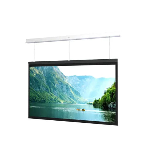 DaLite DL15249LS Advantage Series electric screen with a sleek black frame, displaying a vibrant landscape image, mounted ceiling-recessed.