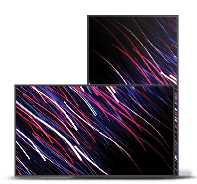 65-inch Clear Touch non-interactive digital display featuring colorful, dynamic light streaks on the screen.