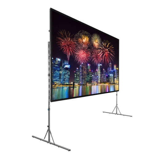 77.5" x 138.5" Da-Lite Fast-Fold Deluxe screen with a silver frame, displaying fireworks and cityscape.