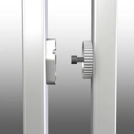 Close-up of the DaLite 88603K Fast-Fold Deluxe screen system's leg-to-frame locking mechanism with silver knobs.