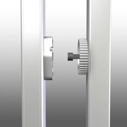 Close-up of a leg-to-frame locking mechanism for the Da-Lite 88609K Fast-Fold Deluxe Screen System, showing silver hardware.