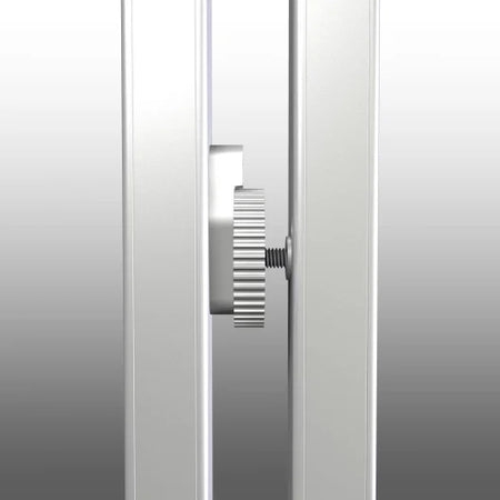 Close-up view of the leg-to-frame locking mechanism on the Da-Lite Fast-Fold Deluxe Screen, showcasing metal components.