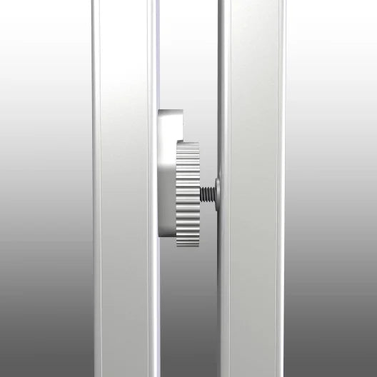 Detail of the DaLite Fast-Fold Deluxe screen system's leg-to-frame locking mechanism, showcasing the adjustable knob.