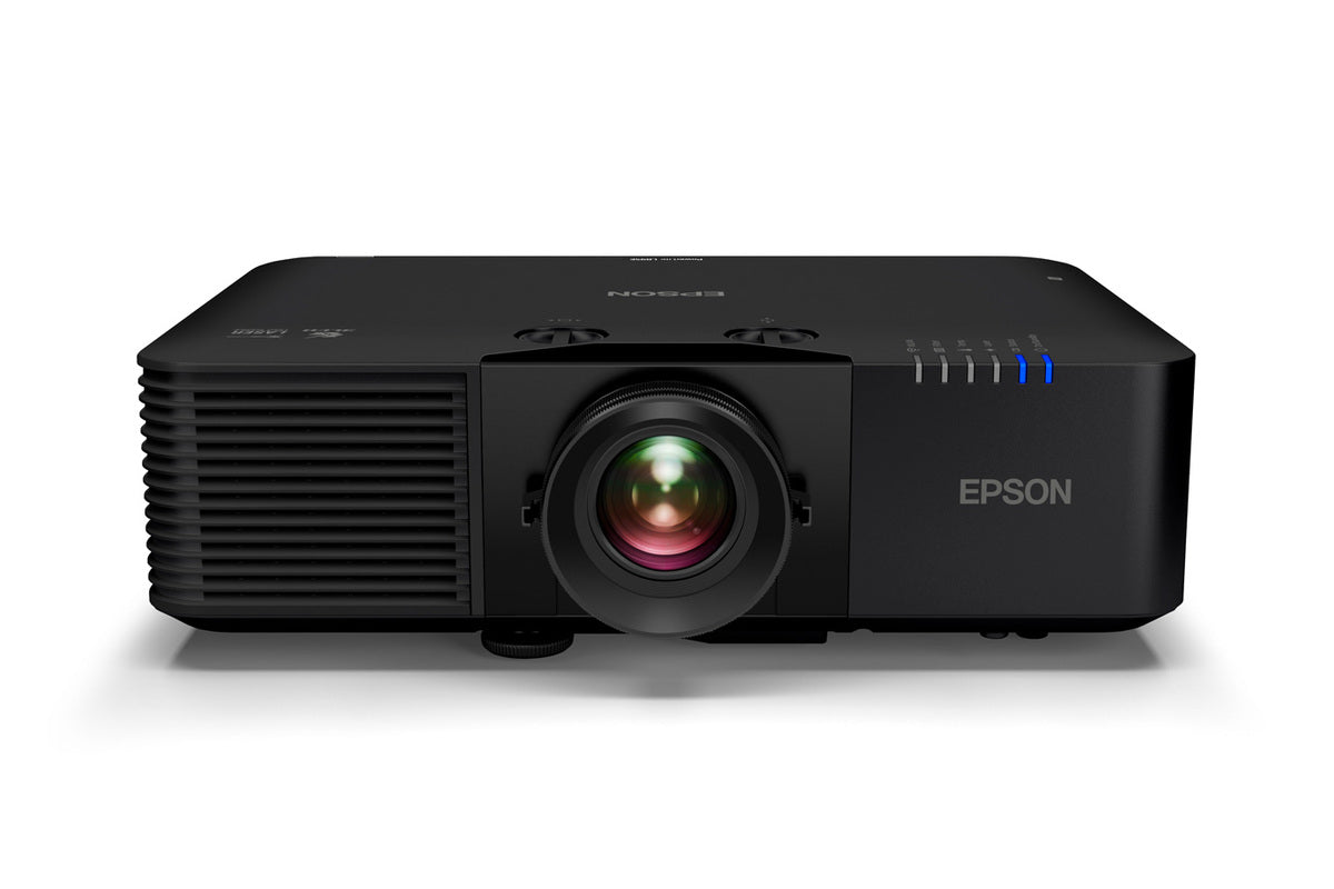 Epson PowerLite L895E projector with a sleek black body and vibrant lens, featuring multiple inputs and control options.