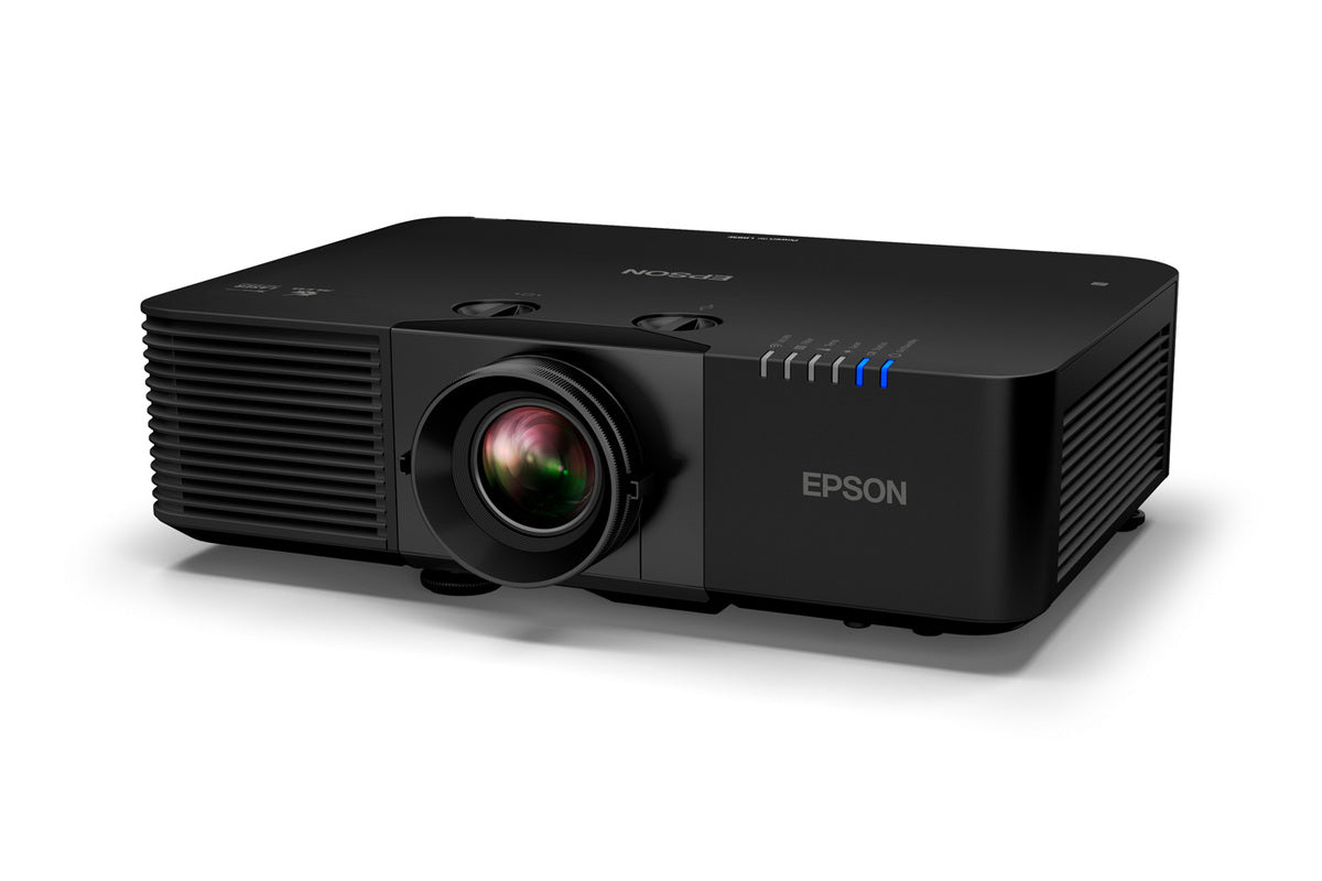 Epson PowerLite L895E 8000-Lumen 4K Laser 3LCD Projector in sleek black, featuring a large lens and control buttons on top.