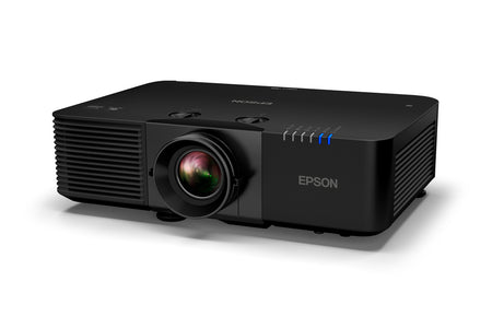 Epson PowerLite L895E 8000-Lumen 4K Laser 3LCD Projector in sleek black, featuring a large lens and control buttons on top.