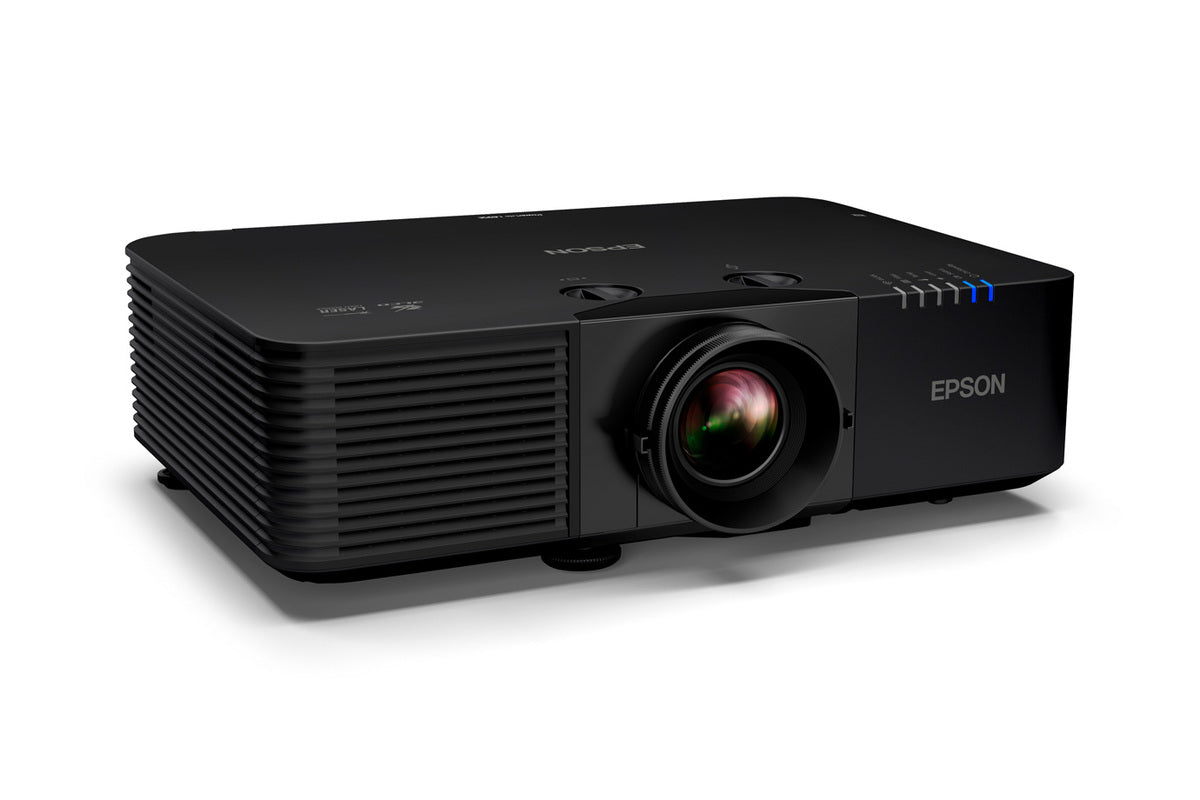 Epson PowerLite L895E projector with a sleek black body and prominent lens, featuring ventilation ridges on the side.