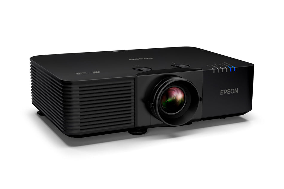 Epson PowerLite L895E projector with a sleek black body and prominent lens, featuring ventilation ridges on the side.