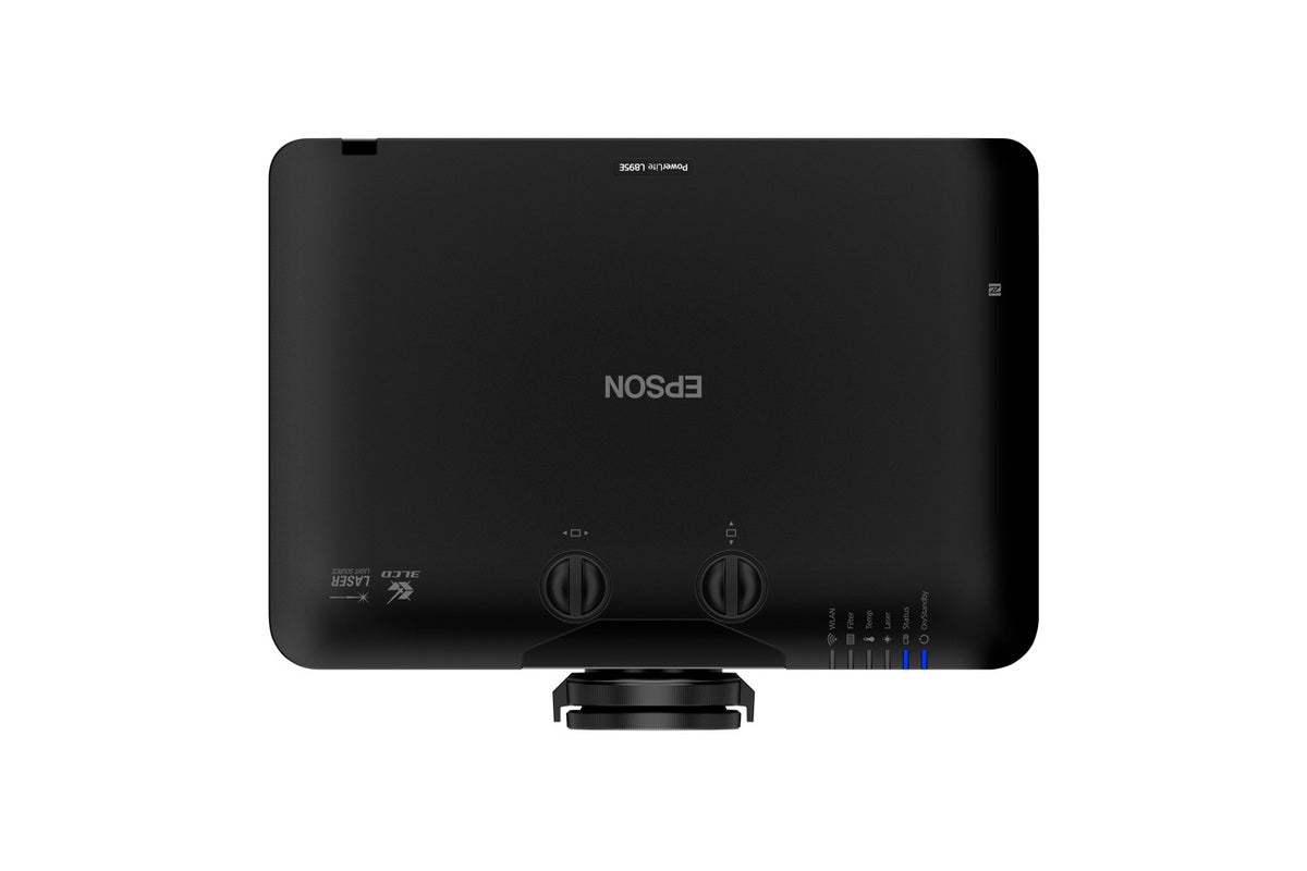 Epson PowerLite L895E 8000-lumen 4K laser projector in sleek black with control knobs and lens mount on top.