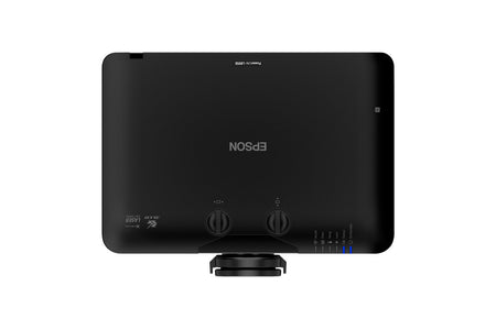 Epson PowerLite L895E 8000-lumen 4K laser projector in sleek black with control knobs and lens mount on top.