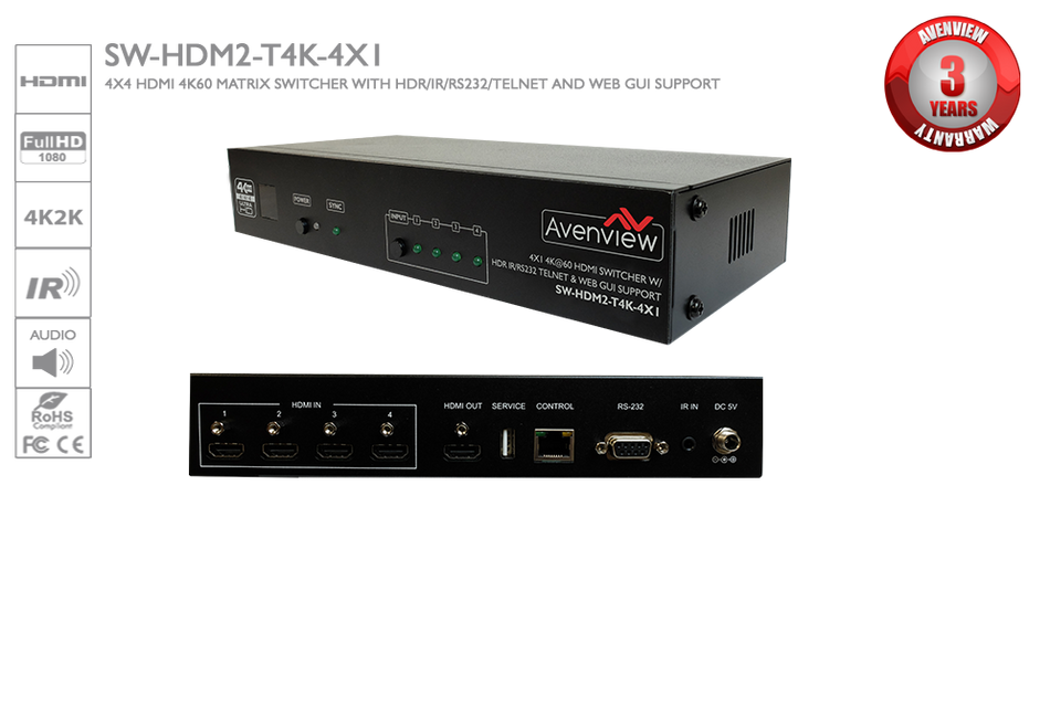 Avenview SW-HDM2-T4K-4X1 HDMI 4K60 Switcher