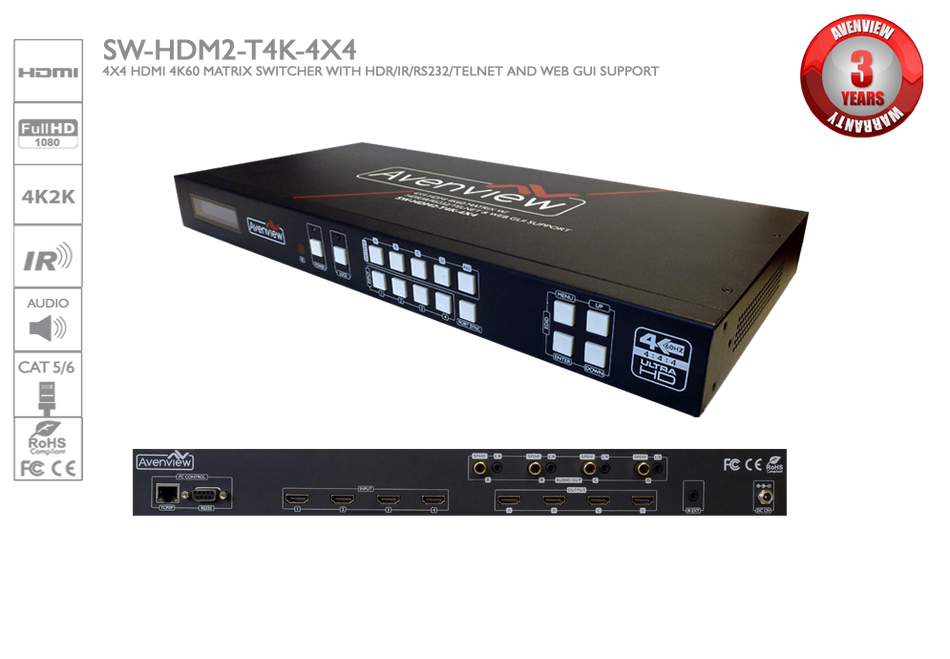 Avenview SW-HDM2-T4K-4X4 HDMI 4K60 Matrix Switcher