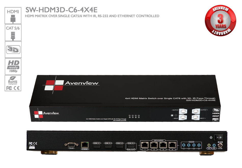 Avenview SW-HDM3D-C6-4X4E HDMI 3D Matrix Switcher Single CAT6