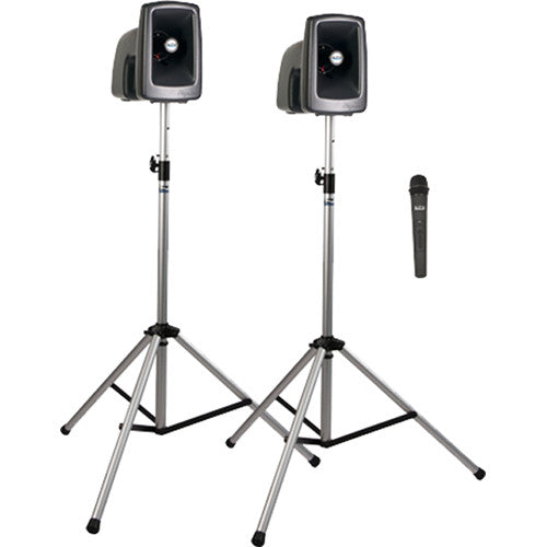 Portable PA system featuring two black speakers mounted on silver tripod stands, alongside a wireless handheld microphone.