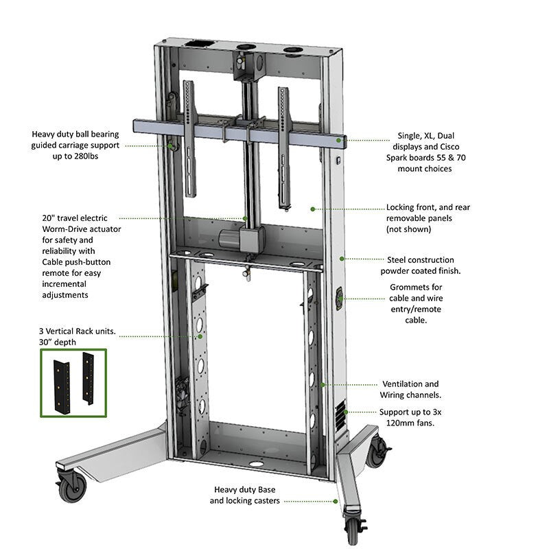 LFT7000 Series Mobile Height-Adjustable TV Stand for Single/Dual Displays