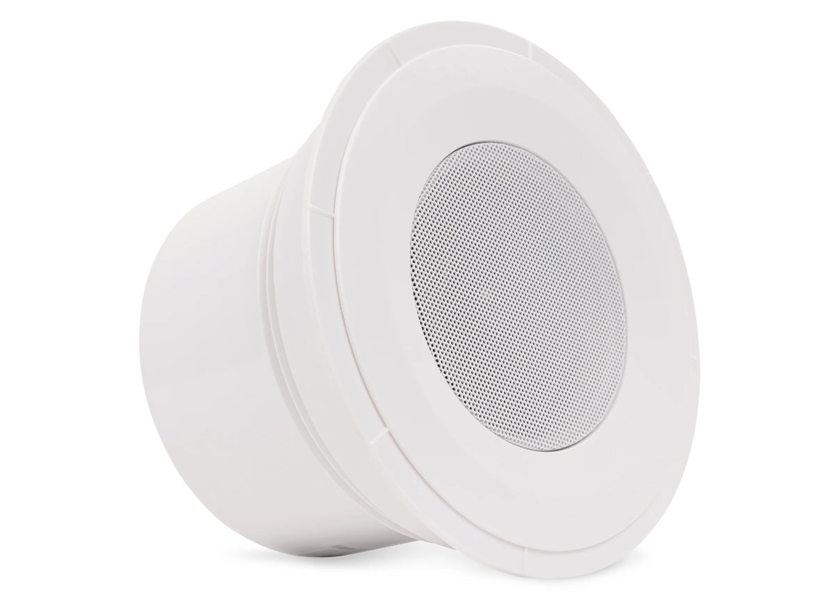 White 4" ceiling speaker featuring a perforated grille for sound emission, ideal for commercial office environments.