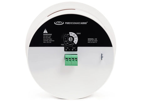 White ceiling speaker with a circular design, featuring a black dial for power settings and green wiring connectors.