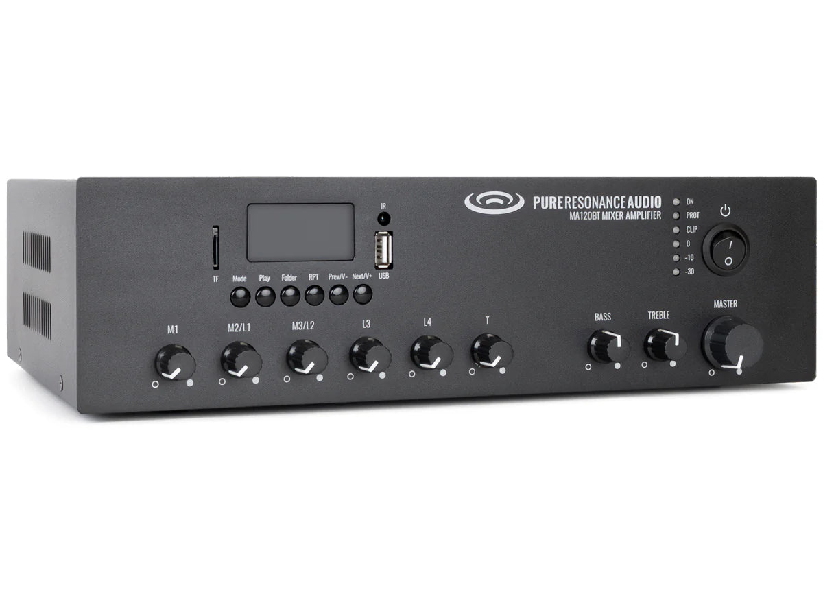 Black mixer amplifier with control knobs, display screen, and USB port for seamless audio integration.