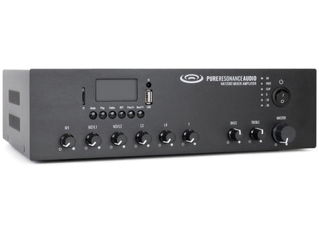 Black mixer amplifier with control knobs, display screen, and USB port for seamless audio integration.