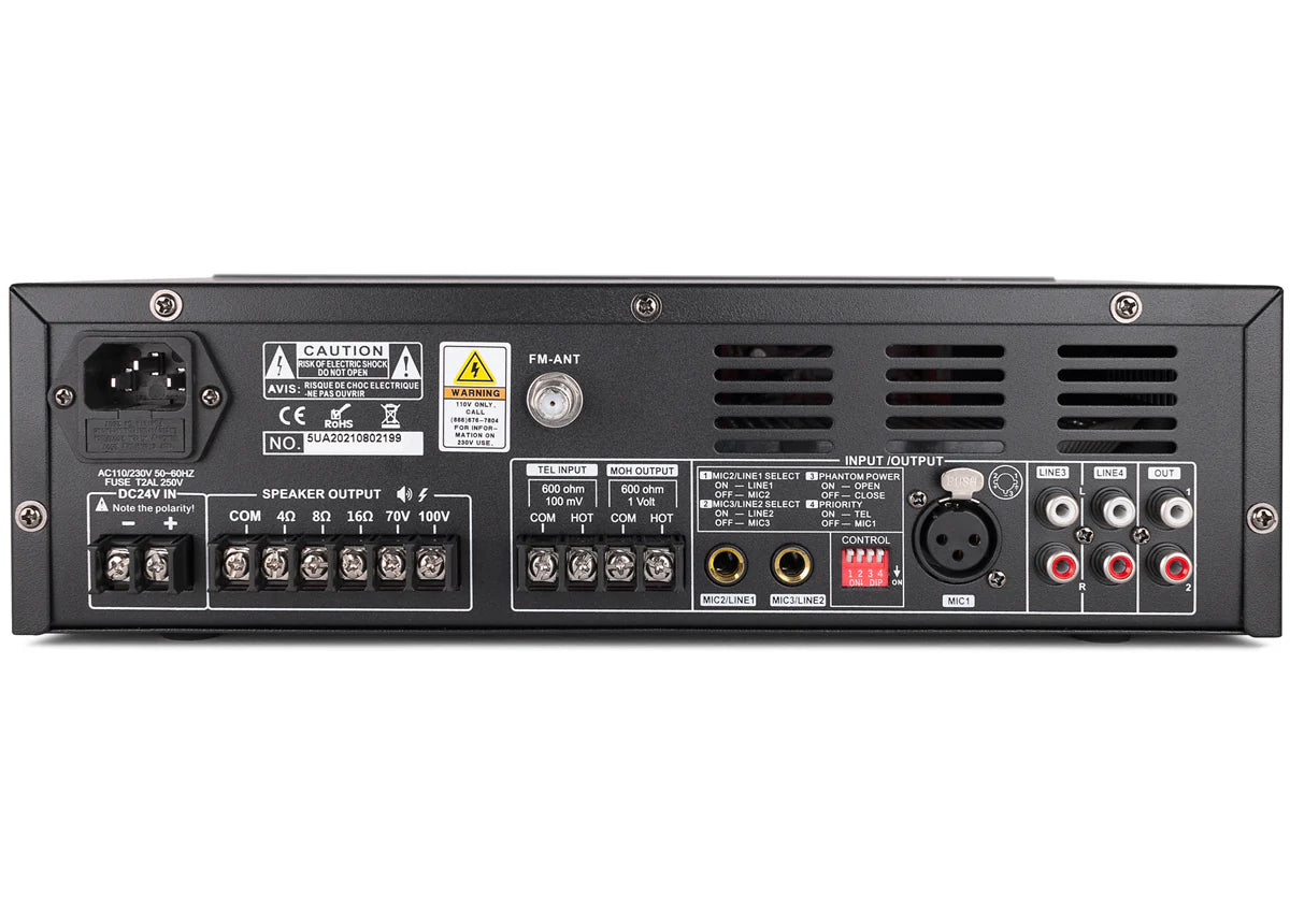 Back view of the Pure Resonance Audio SMSS-8C5MA120BTSMG1 sound masking system, featuring multiple connections and speaker outputs.