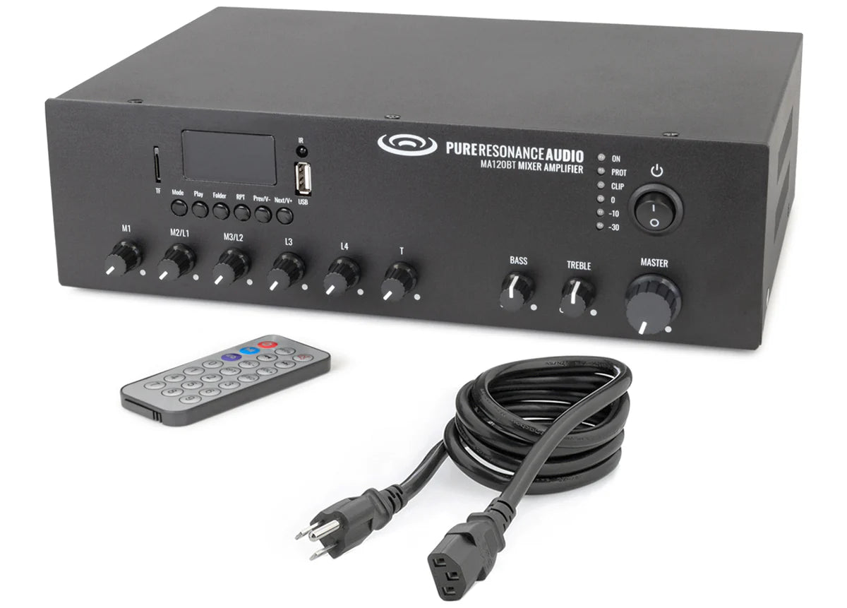 Black mixer amplifier with a display panel, multiple volume knobs, and a remote control, alongside a power cable.